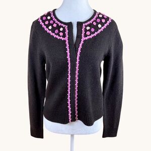 Brown Cardigan Sweater Wool Pink Rose Appliques Beaded (M)